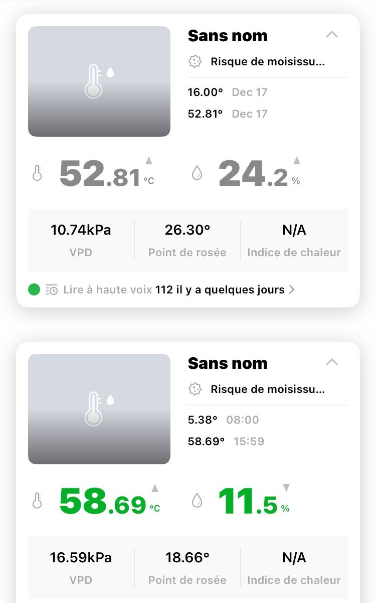 Les 2 sondes du kit affichées en direct dans l'application : 52,8 °C et 58,7 °C