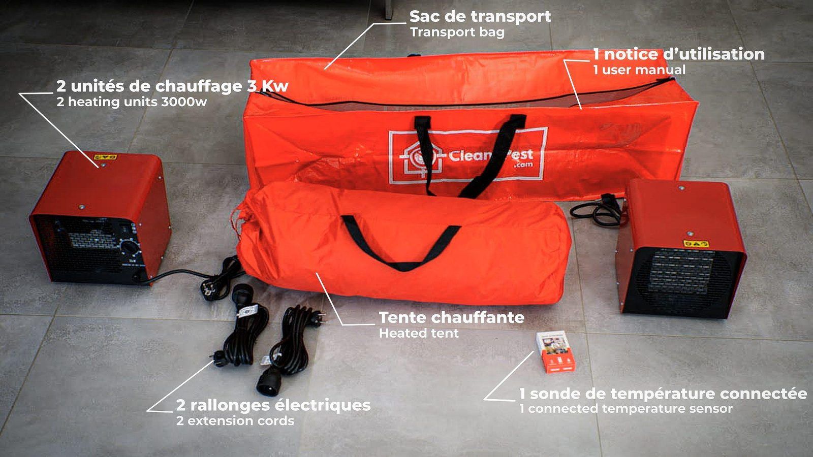 Contenu du kit de la tente XXL : tente, 2 unités de chauffe, rallonges, sondes, sac